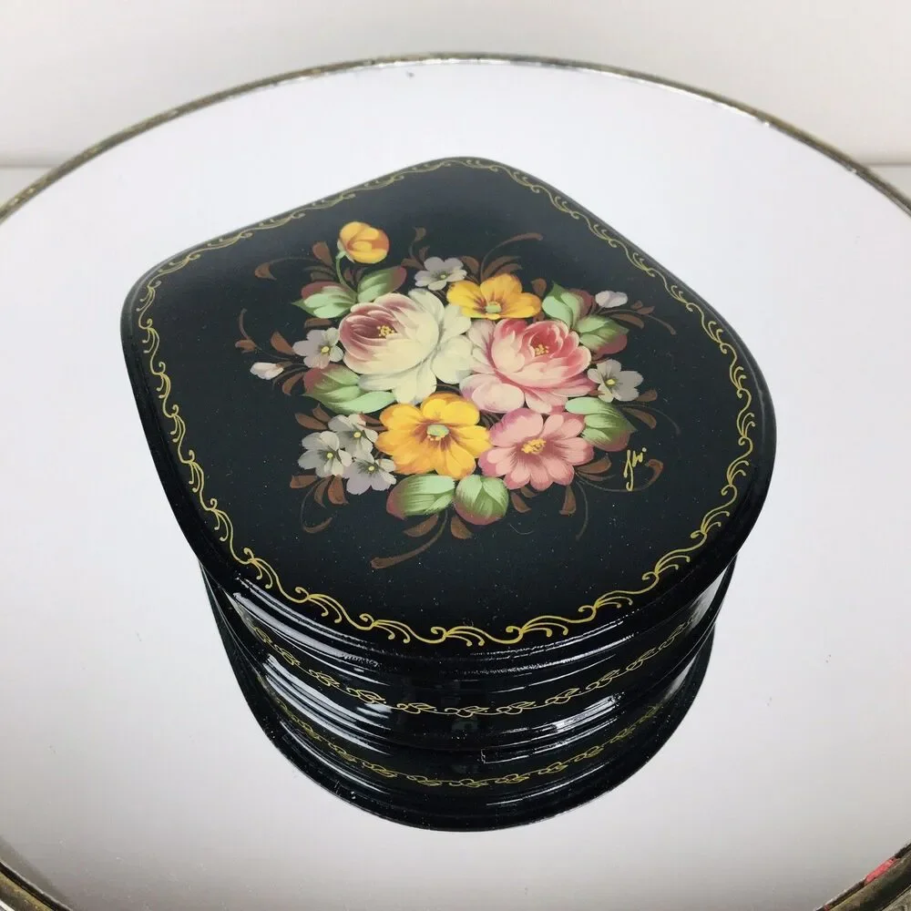 Vintage Russian Hand Painted Lacquered Floral Hinged Trinket Box Signed